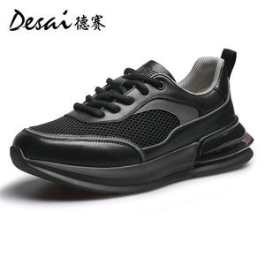 Desai Shoes Men's Summer Breathable Mesh Casual Shoes Air Cushioned Shock Absorbing Sports Running Shoes Genuine Leather Thick Sole Small White Shoes DS2059