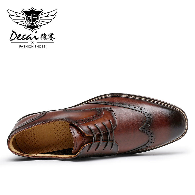 Desai Men's Genuine Leather Business Derby Shoes Carved British Brogue Shoes Formal Wear Pointed Toe Handmade Footwear OS6603