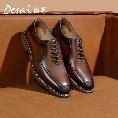 Desai new formal square head leather shoes business British men's Oxford shoes breathable soft sole leather rub color inside increasing men's shoes DS6017