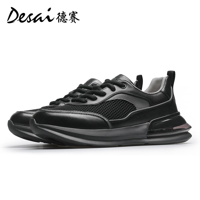 Desai Shoes Men's Summer Breathable Mesh Casual Shoes Air Cushioned Shock Absorbing Sports Running Shoes Genuine Leather Thick Sole Small White Shoes DS2059