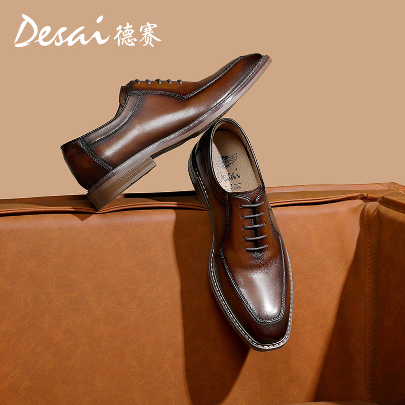 Desai new formal square head leather shoes business British men's Oxford shoes breathable soft sole leather rub color inside increasing men's shoes DS6017