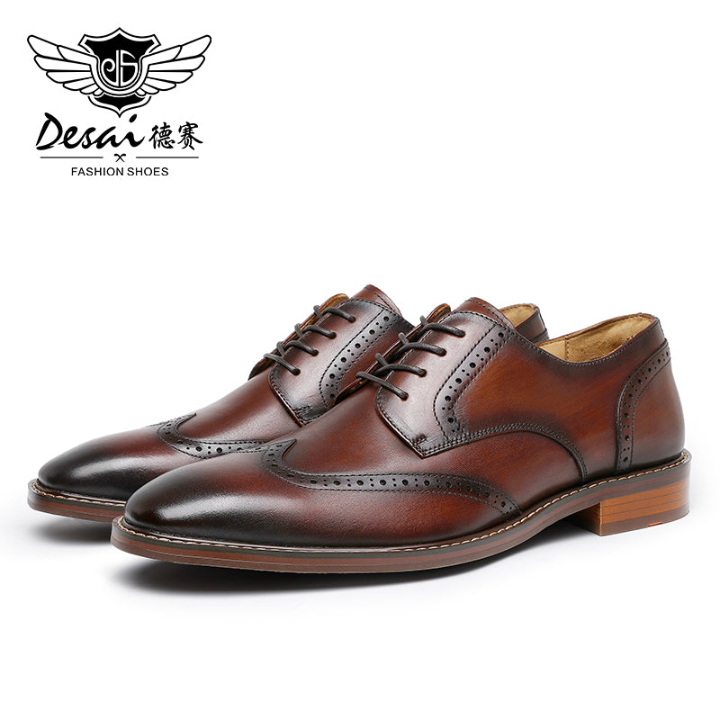 Desai Men's Genuine Leather Business Derby Shoes Carved British Brogue Shoes Formal Wear Pointed Toe Handmade Footwear OS6603