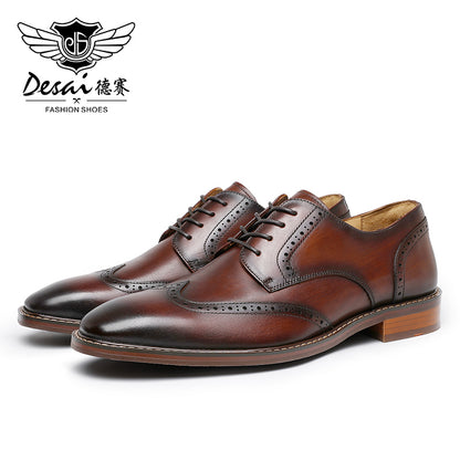 Desai Men's Genuine Leather Business Derby Shoes Carved British Brogue Shoes Formal Wear Pointed Toe Handmade Footwear OS6603