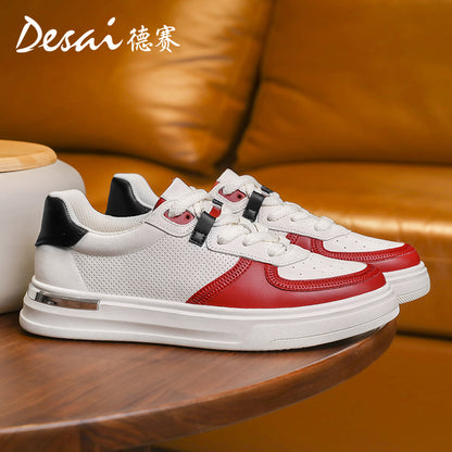 Desai Men's Shoes Summer 2024 New Genuine Leather Soft Sole Elevated sneakers Men's Perforated Breathable Casual Shoes Men's Board Shoes DS3051