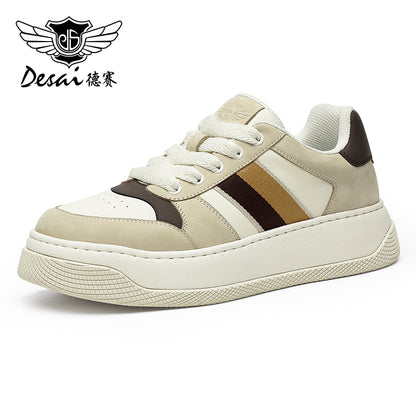 Desai Men's New sneakers Thick Sole Increase Lightweight Breathable Soft Sole Casual Shoes Retro Genuine Leather Low Top Sports Board Shoes for Men DS33172