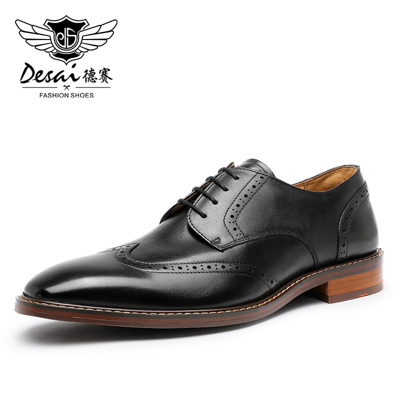 Desai Men's Genuine Leather Business Derby Shoes Carved British Brogue Shoes Formal Wear Pointed Toe Handmade Footwear OS6603