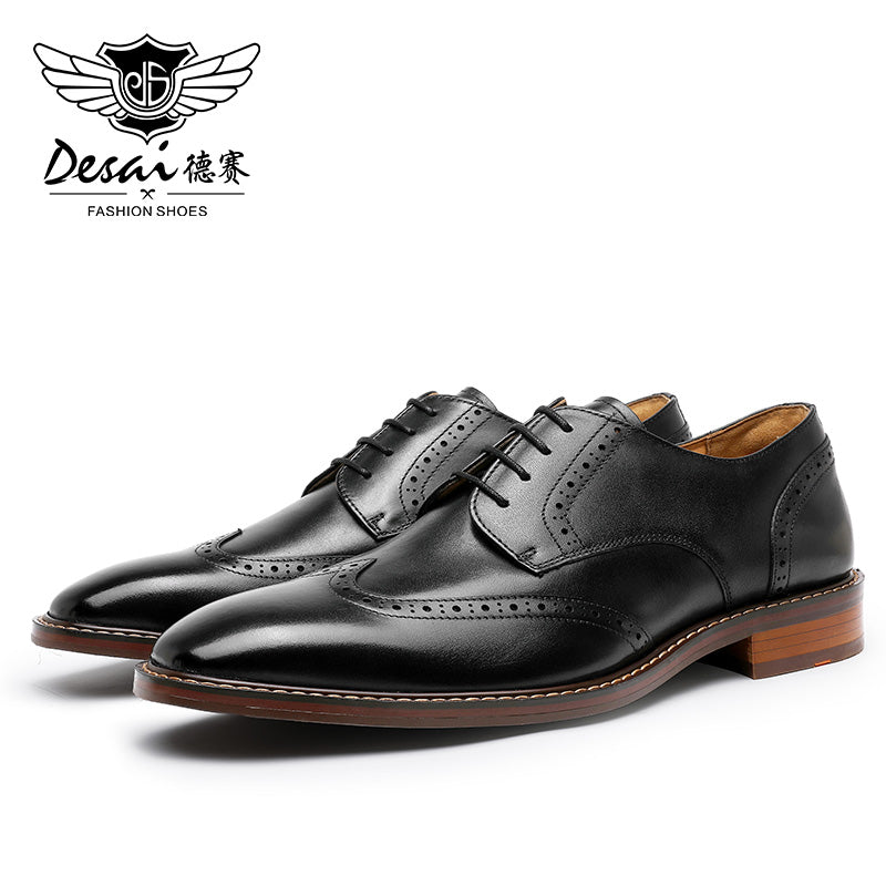 Desai Men's Genuine Leather Business Derby Shoes Carved British Brogue Shoes Formal Wear Pointed Toe Handmade Footwear OS6603