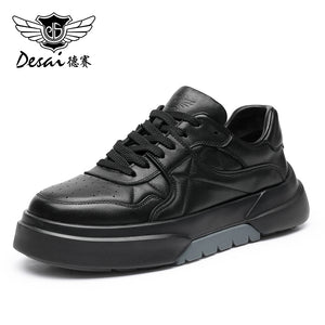 Desai Casual Leather Shoes Genuine Leather Thick Bottom Sneakers Laces Up  Breathable DS33139