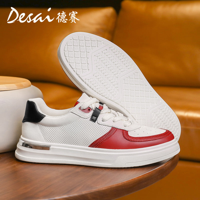 Desai Men's Shoes Summer 2024 New Genuine Leather Soft Sole Elevated Shoes Men's Perforated Breathable Casual Shoes Men's Board Shoes DS3051