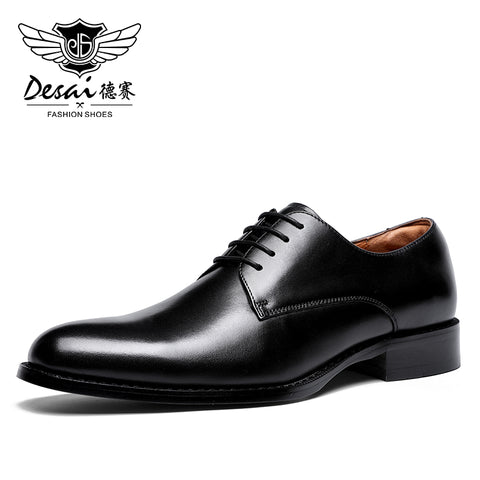 DESAI New Men's Genuine Leather Shoes Business Dress Elegant Gentleman Shoes Simple British Style Wedding Shoes Black DS216
