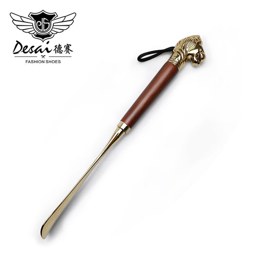 Shoe Horn Retro Durable Lion Head Long Metal Shoehorn Brown Wood Handled Shoe Lifter Spoon